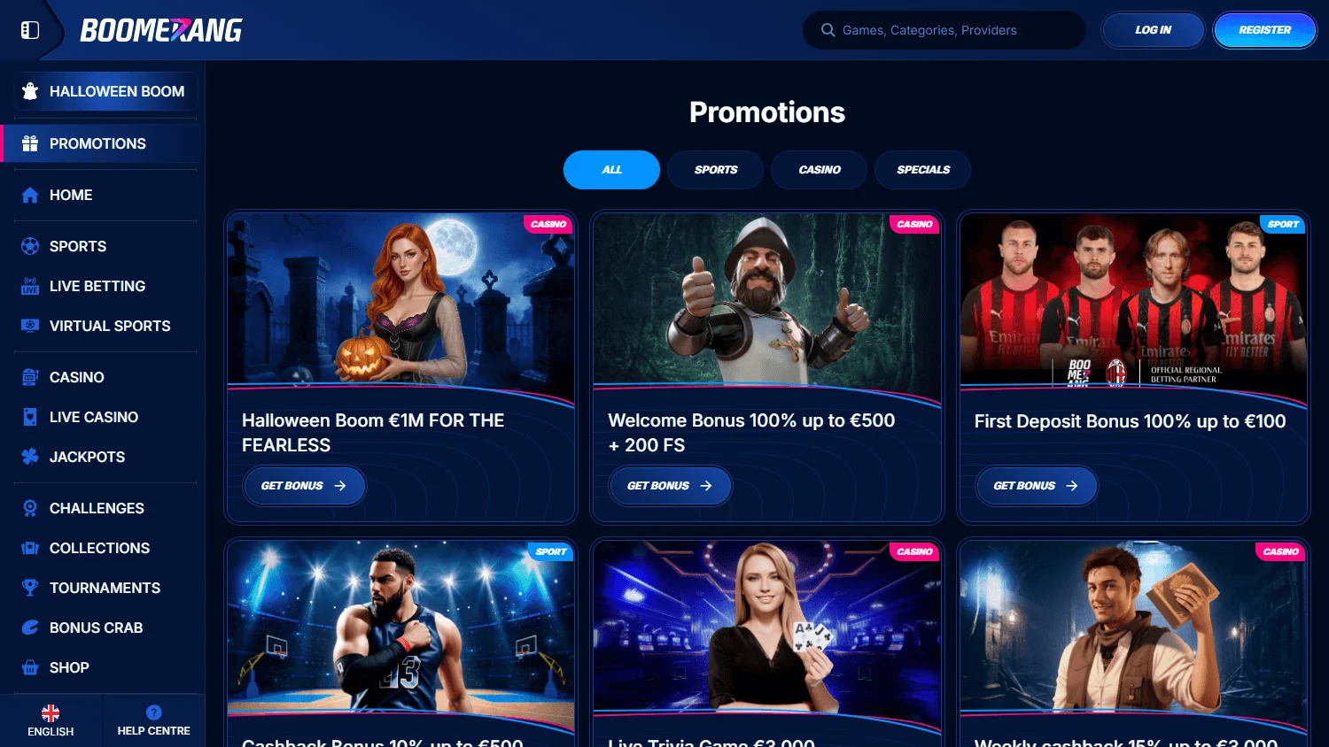 Boomerang Bet Casino desktop promotions area with bonus offers