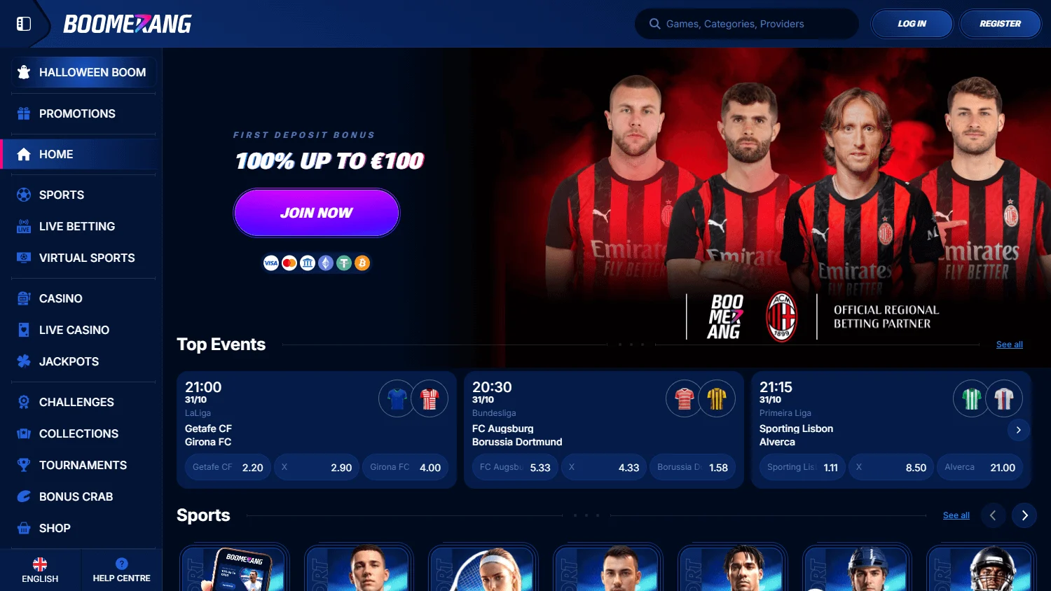 Boomerang Bet Casino desktop home interface with casino and betting options