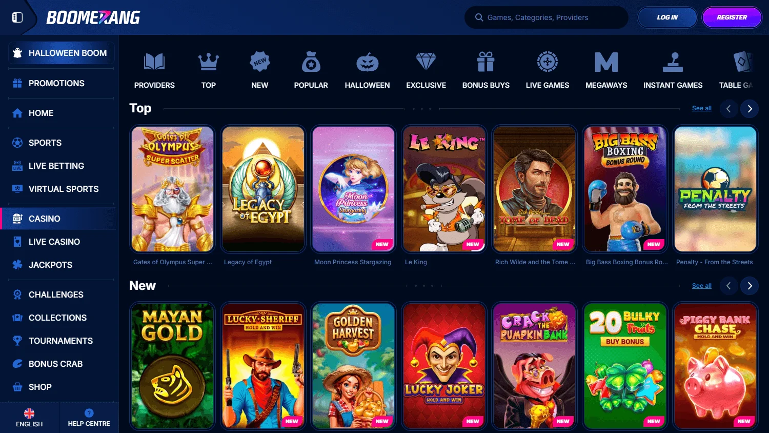 Boomerang Bet Casino desktop games area with casino categories and titles