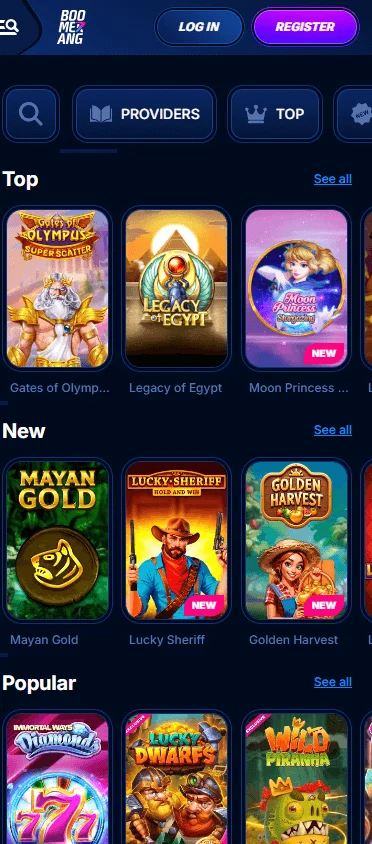 Boomerang Bet Casino mobile games area with casino categories