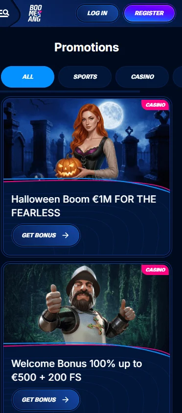 Boomerang Bet Casino mobile promotions area with bonus offers